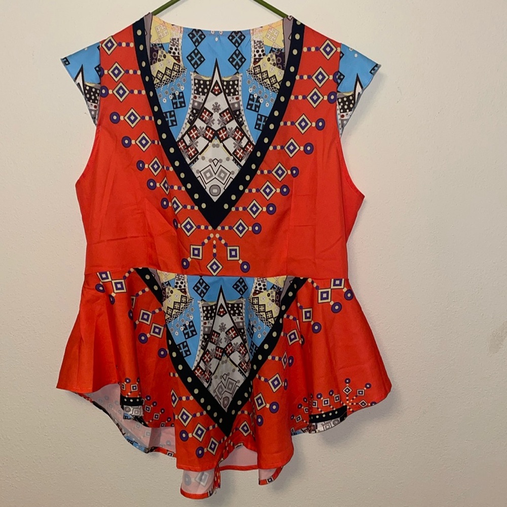 Anthropologie Orange and Blue Geometric Blouse